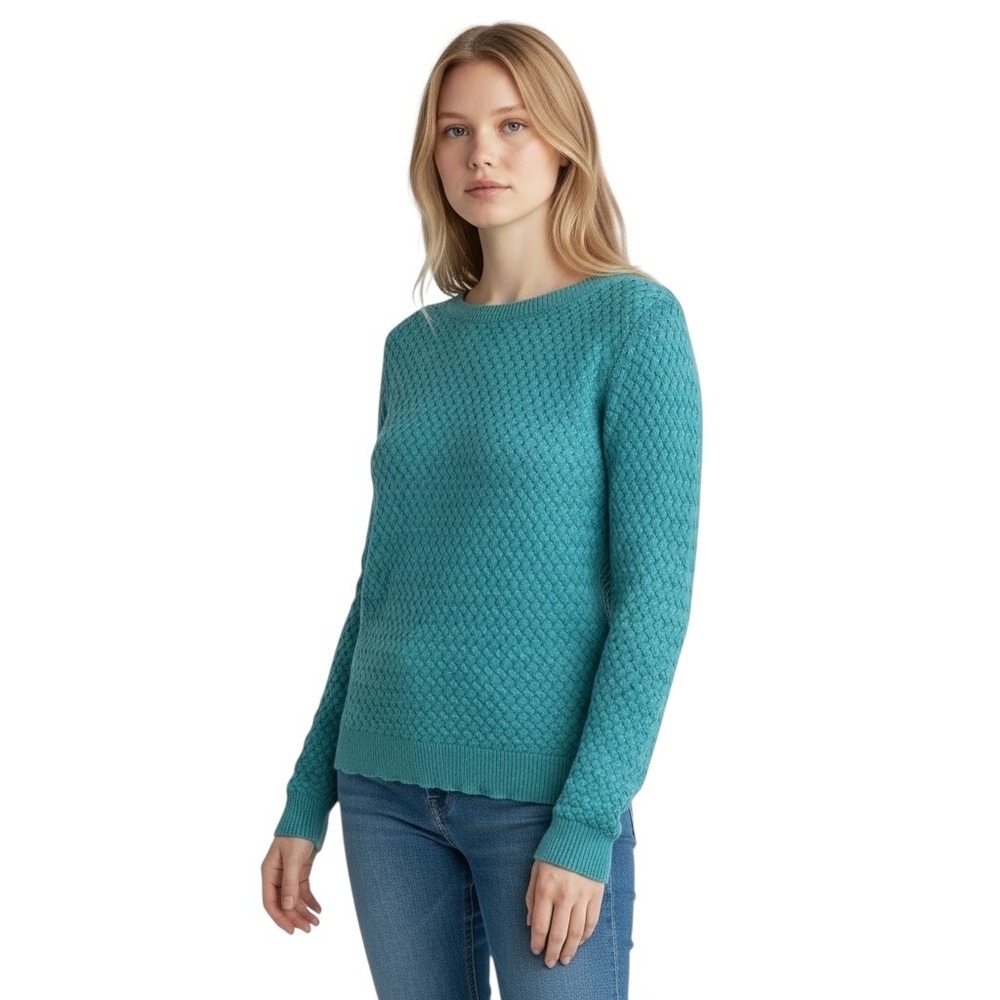 LL Bean Large Sweater Teal Textured Knit Crew Neck Long Sleeve Cotton‎ 1702